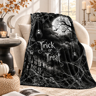 Trick or Treat Halloween Flannel Throw Blanket, Black White Spider Web Moon Print, Soft Lightweight Blanket for Couch Sofa Bed Seasonal Accent, 50 x 60 in