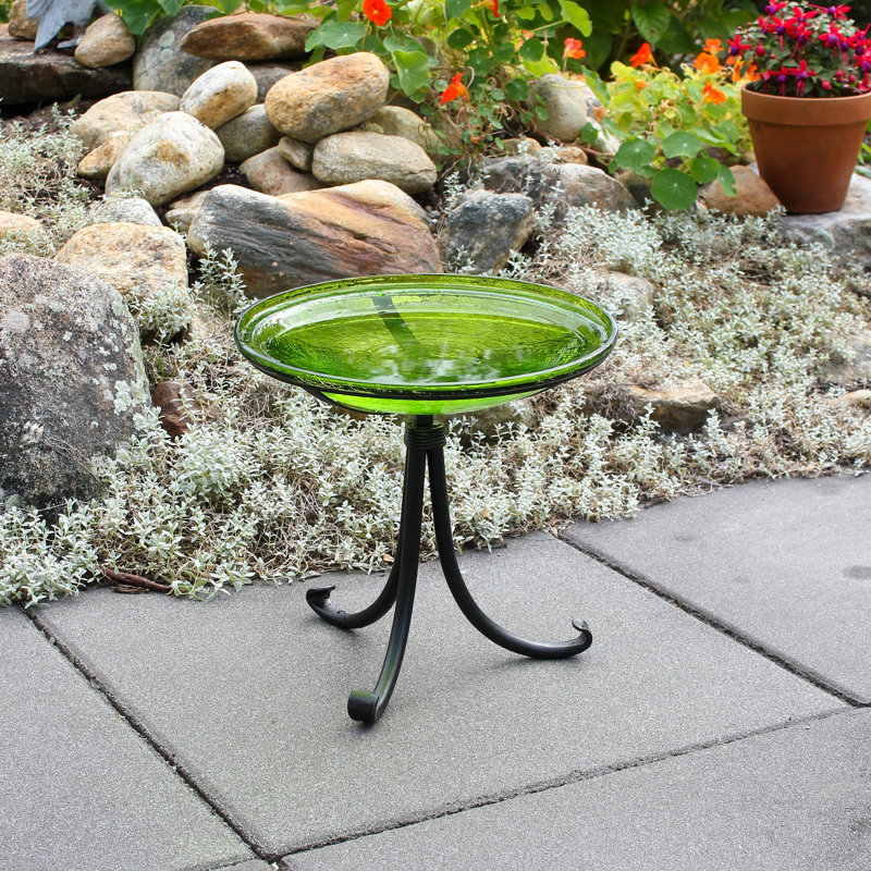 Fern Green Crackle Glass Birdbath with Wrought Iron Stand
