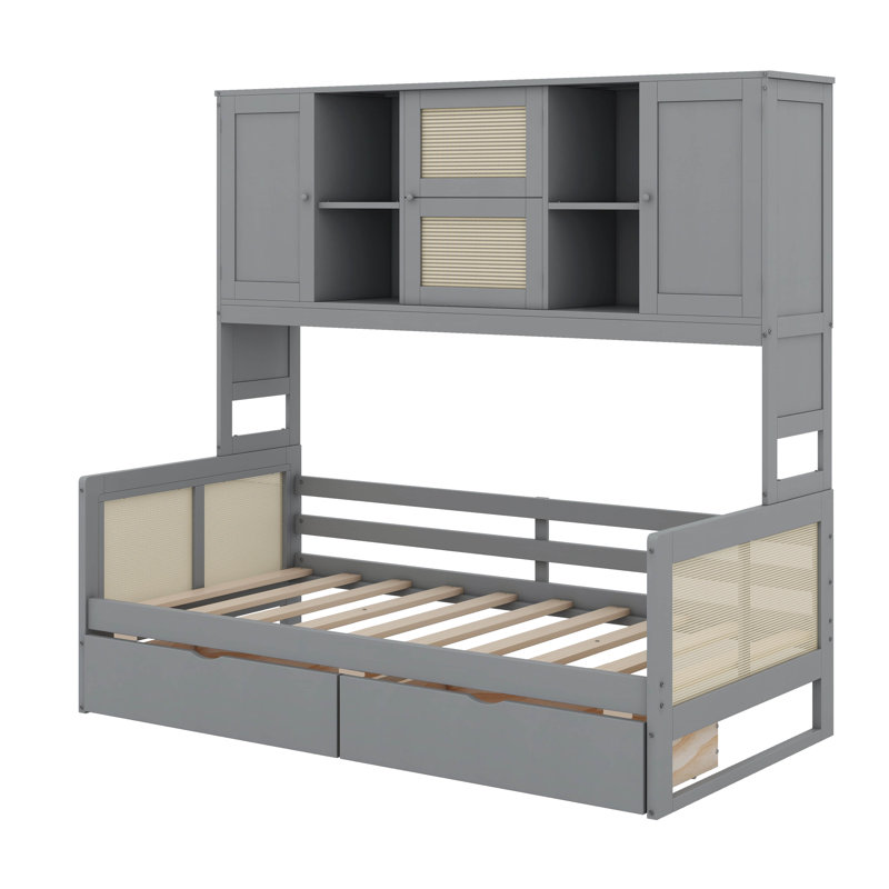 Lit de jour en bois avec 2 tiroirs et tablette, Gris, Lit simple