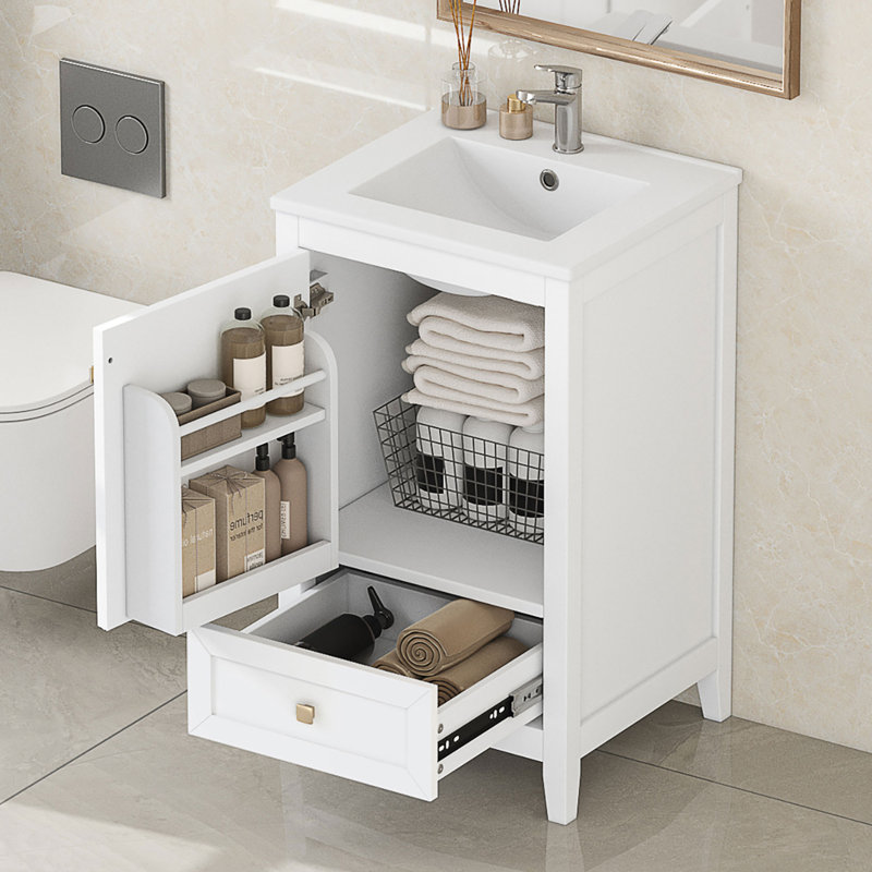 Meuble-lavabo moderne autoportant blanc avec lavabo et rangement