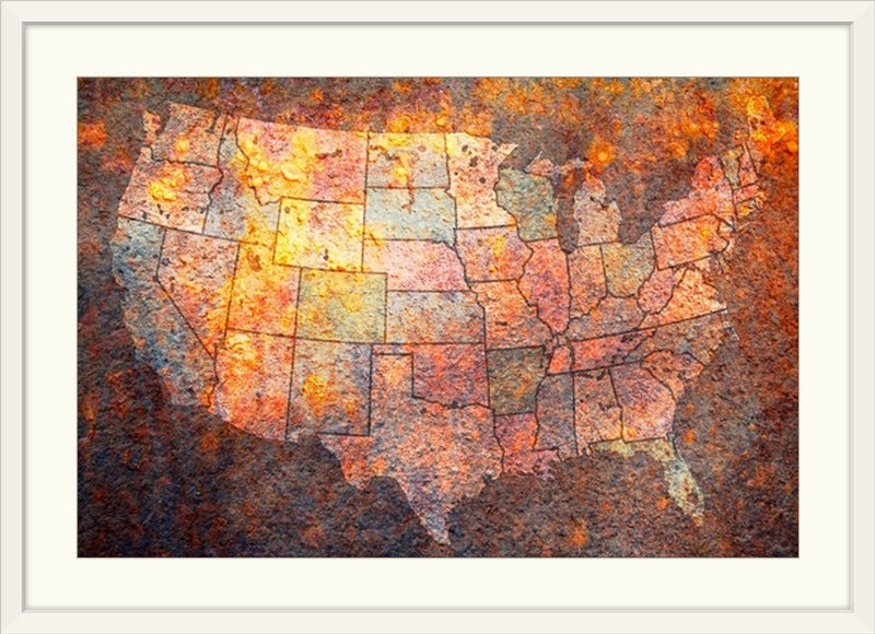 «Map of USA» par Deschamps, impression, H 32 po x l 44 po x P 1 po, Cadre blanc
