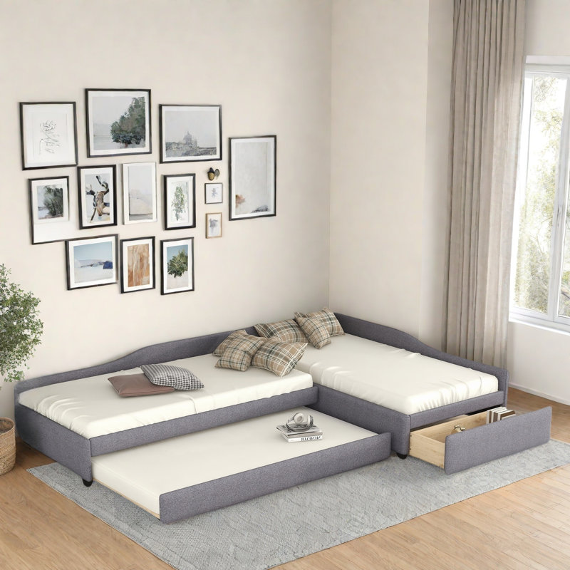 Multifunctional Upholstered Daybed With Trundle And One Drawer, Gray