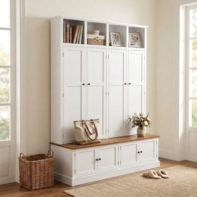76.7'' Modern Farmhouse Hall Tree With Bench And 4-Door Storage Cabinet