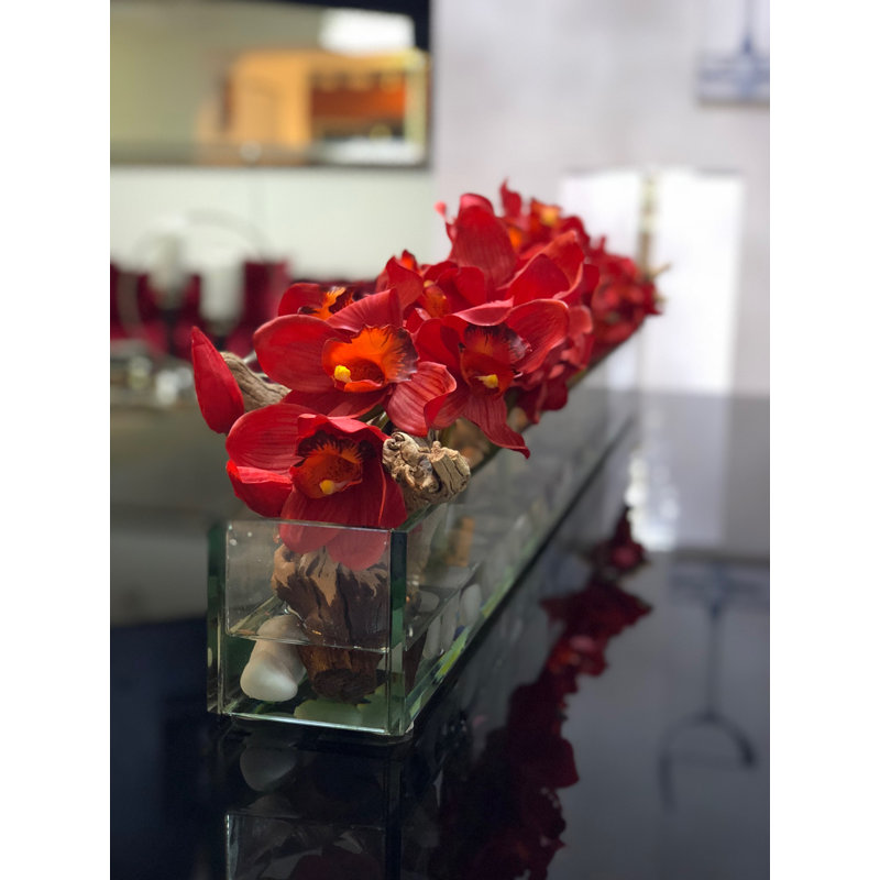 Driftwood Cymbidium Orchids Centerpiece in Glass Planter, 16" H x 48" W x 4" D, Red