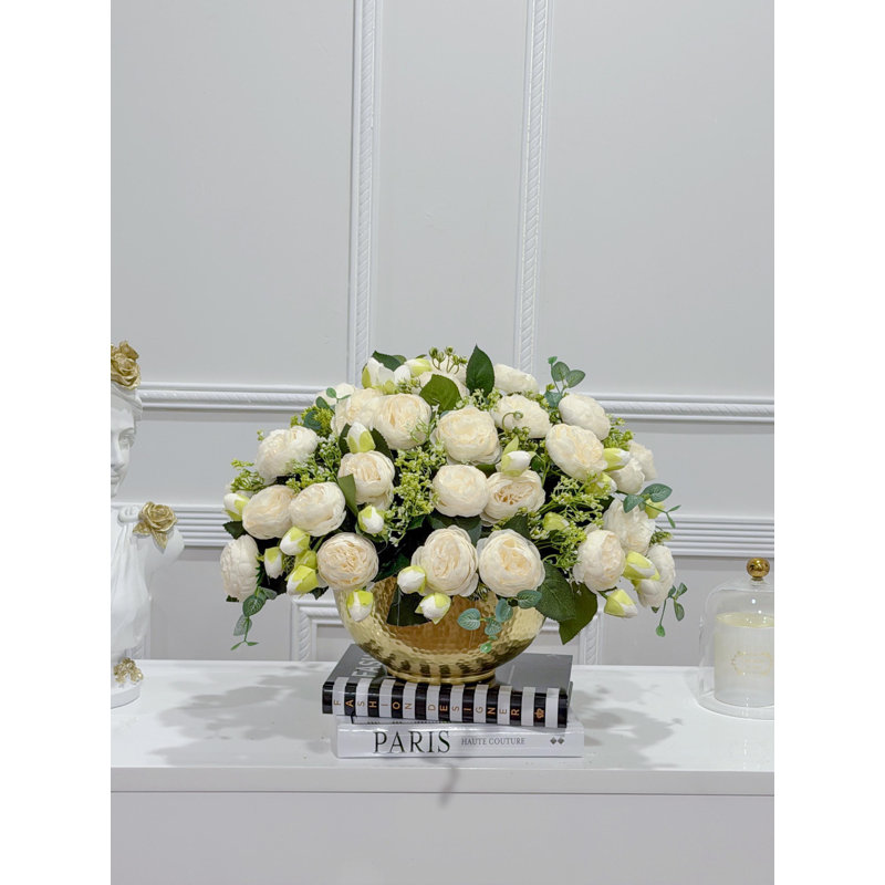 Large Faux White Peony Centerpiece: French Country Gold Vase Arrangement