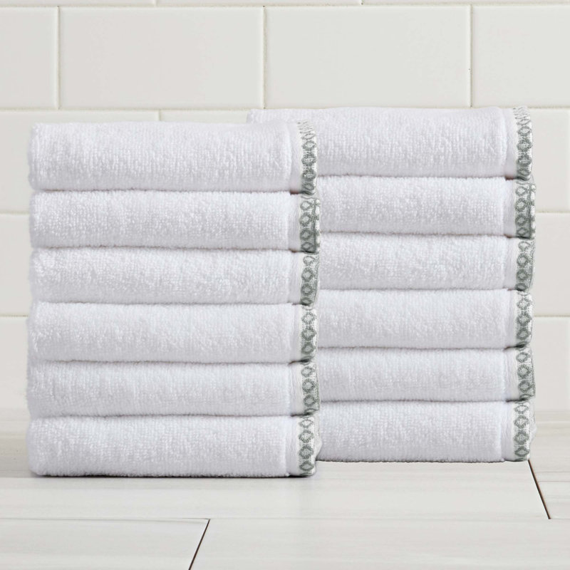 Ensemble de serviettes de bain décoratives en coton léger, Essuie-mains - paquet de 12, Blanc / eucalyptus