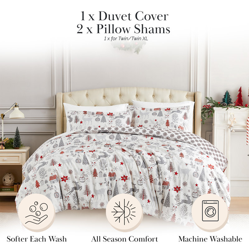 Holly Jolly Oversized Reversible Holiday Bedding Duvet Cover Set with shams, King Duvet Cover + 2 King Pillow Shams