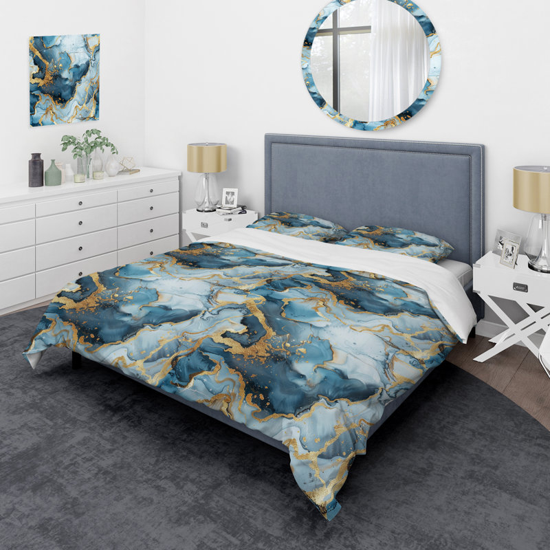 Blue Gold Marble - Ensemble de housse de couette en marbre, Housse de couette très grand + 2 taies décorativ