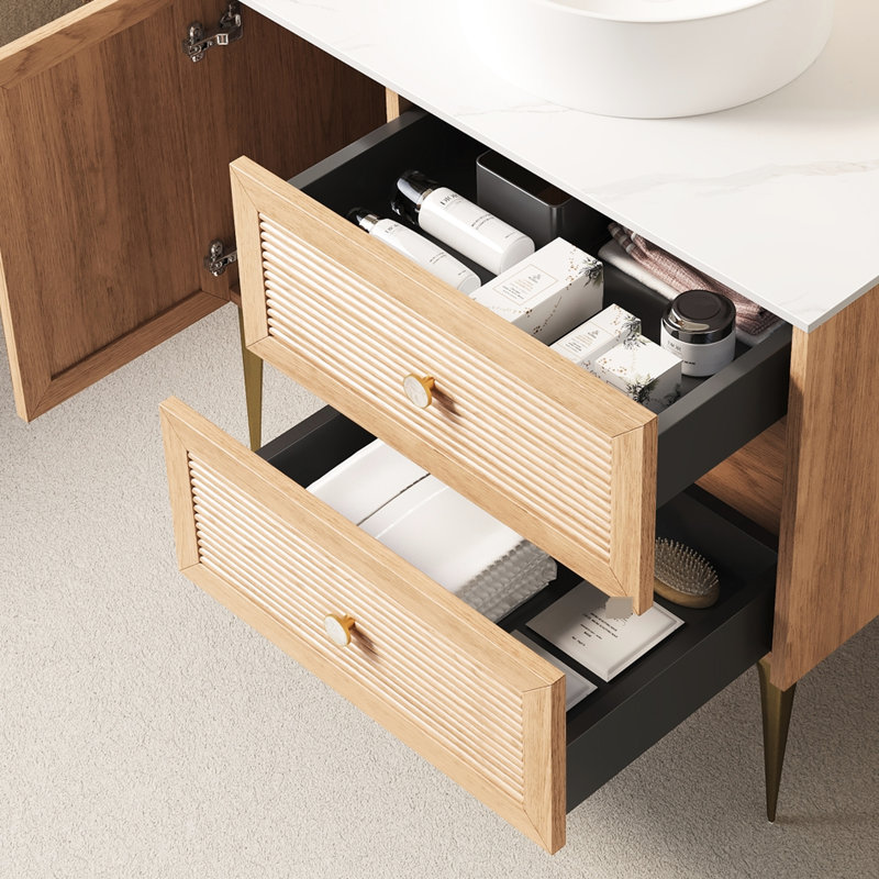 Armoire de salle de bain autoportante en chêne 36 po, plateau en pierre frittée blanche, deux tiroirs et une porte, sans lavabo, contreplaqué de 0,7 po d'épaisseur pour la fonctionnalité Grace