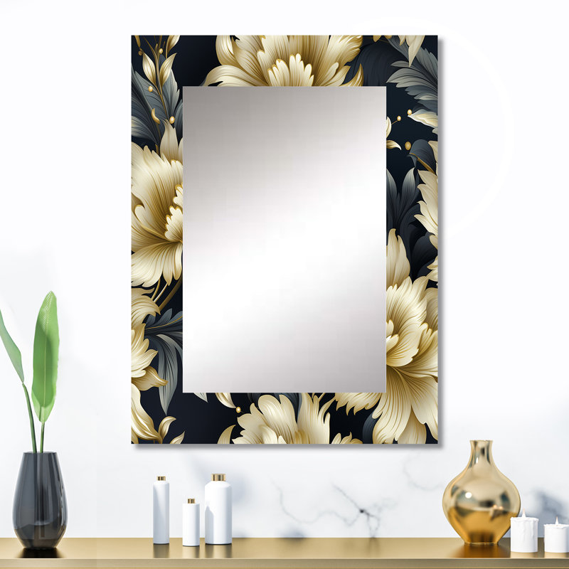 Surveen noir et beige damassé fleur opulence - miroir mural décoratif damassé, grand miroir damassé, impression sur métal