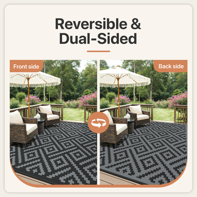 Recycled P.E.T Checkered and Geometric Rug, Black; Gray, Rectangle 6 pi x 9 pi