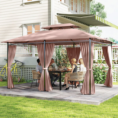 Kattie 4 x 3 m Garden Gazebo with Double Roof, Curtains, Brown