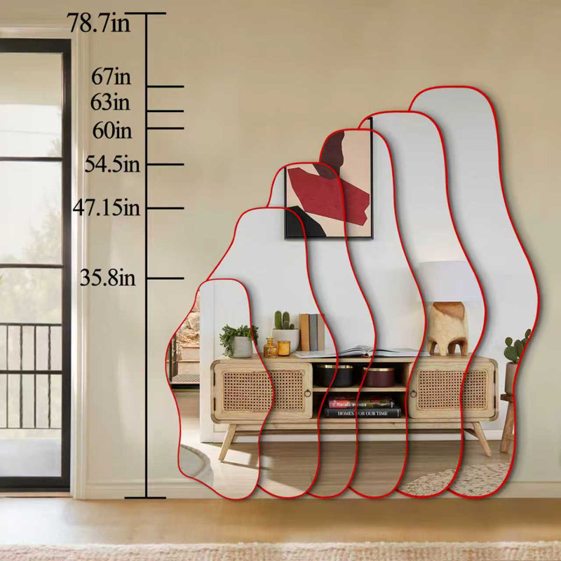 Miroir asymétrique moderne sans cadre, miroir mural décoratif irrégulier, 120 x 61 cm, 47.2"x24", Red