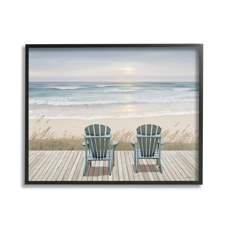 Chaises avec plage au lever du soleil, estampe numérique encadrée par Amber Sterling, Giclée encadrée noir minuit