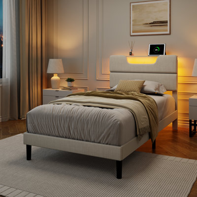 Twin Modern Upholstered Bed Frame with Storage Headboard, LED Lights & Charging Station, Heavy Duty Wooden Slats Support, No Box Spring Needed