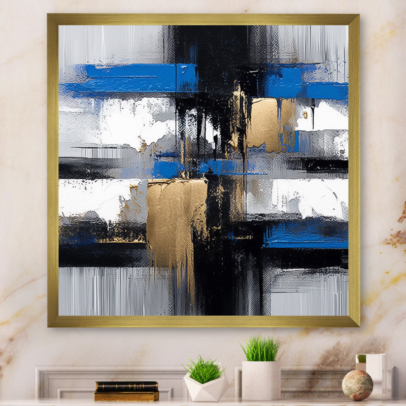 «Blue Paint Elegance I», art mural abstrait, H 16 po x l 16 po x P 1 po, Cadre doré simple