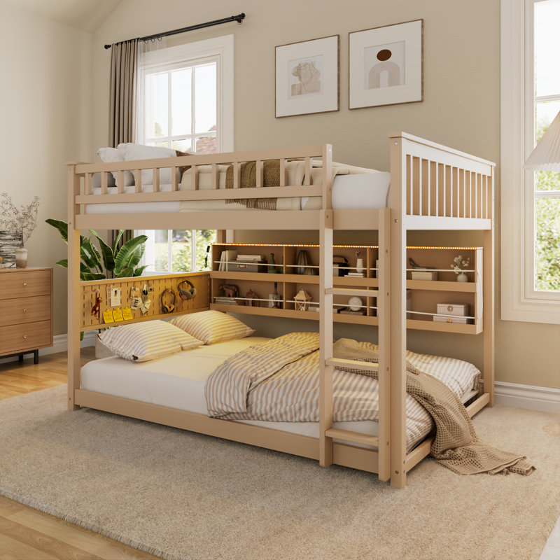 Full over Full Bunk Bed with Integrated Shelving, Color-Changing Lights and Pegboard, Beige, Beige