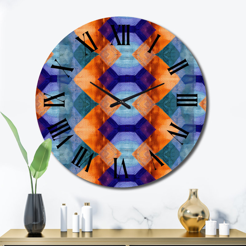 Horloge murale rétro géométrique en métal orange, bleu et mauve, Très grand