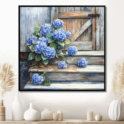 Domonque, hortensias sur les marches de grange II - hydrangées, art mural