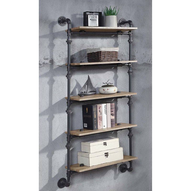 5 Tier Floating Wall Shelf In Oak And Sandy Black With Water Pipe Style, Mounted For Office Decor Storage Display, 23"L X 9"W Shelves, 28" Depth Style Shelf, Black, Ideal Home 59" Height