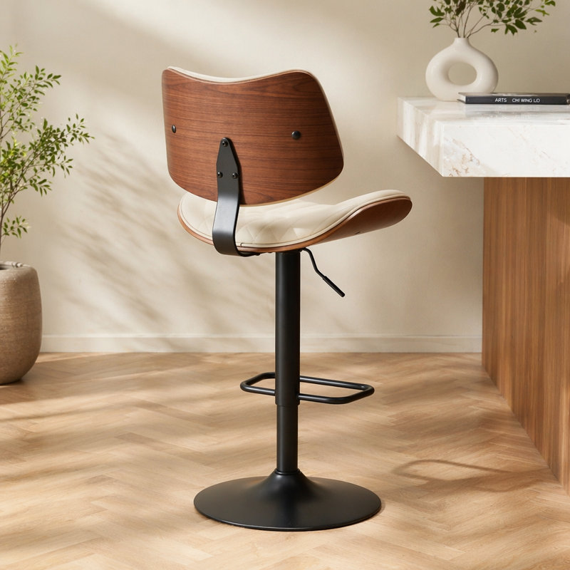 Tabourets de bar modernes réglables à hauteur de comptoir en bois cintré avec revêtement en cuir et pivotant à 360 ° pour la cuisine et la salle à manger