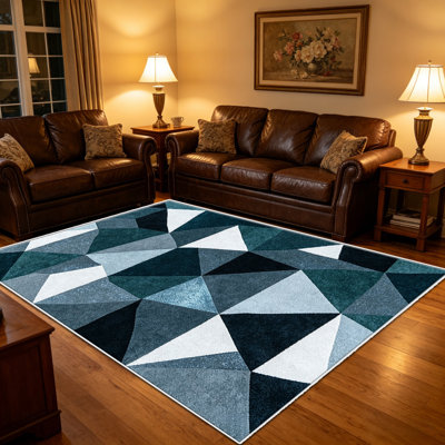 Tapis 1PC bleu sarcelle à triangles noirs, élégant tapis décoratif polyvalent, facile à nettoyer et à entretenir, pièce de mobilier idéale pour la chambre à coucher, le salon, le couloir, l'entrée, le dortoir et le bureau afin de rafraîchir l'ambiance intérieure de votre maison