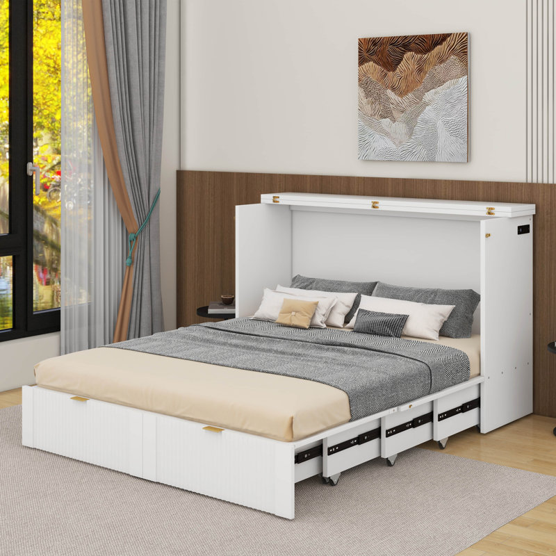 Lit escamotable double avec tiroir et port USB, Blanc