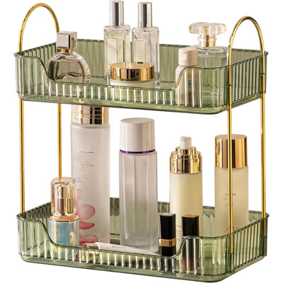 Plateau de maquillage pour comptoir à 2 niveaux avec supports dorés, espace de rangement spacieux pour la commode, conception nordique minimaliste avec surface givrée antidérapante