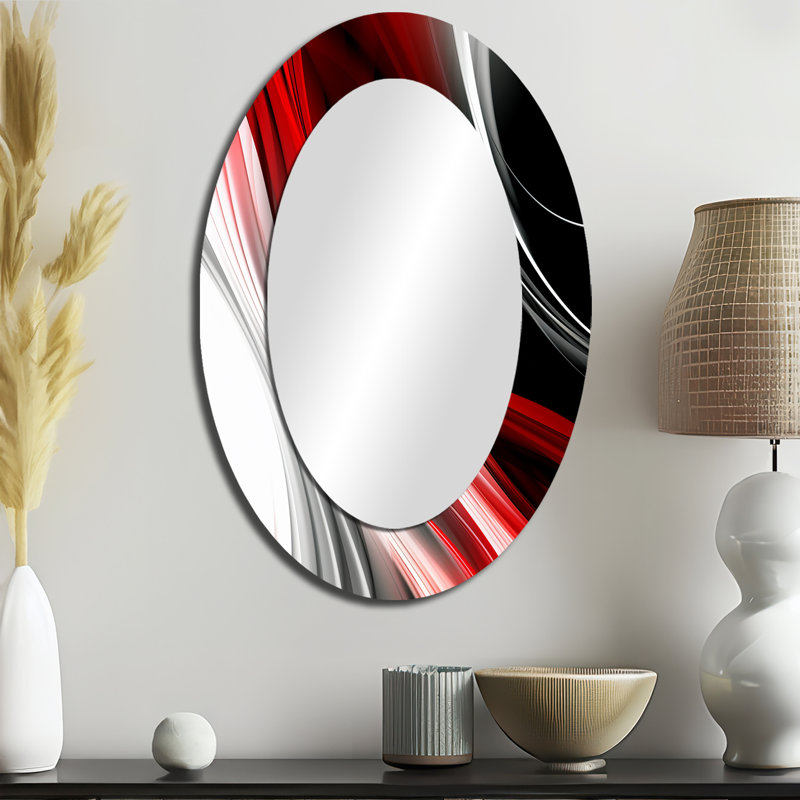 Rouge noir infini ondulations I - rouge moderne miroir mural ovale, 36 po x 24 po