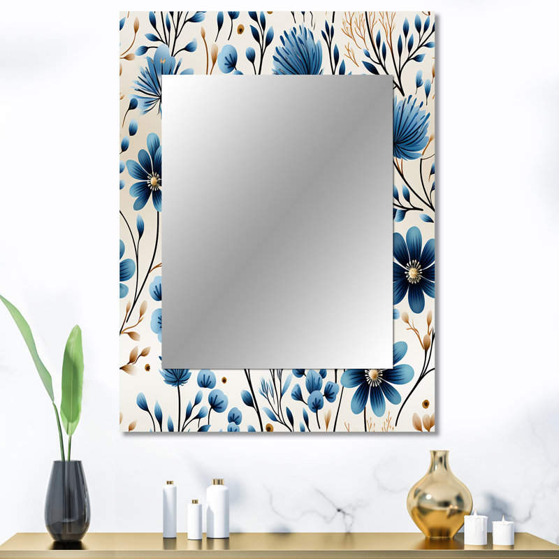 Motif floral de simplicité scandinave bleu Deijon - miroir mural floral unique, miroir floral, impression d'art en métal