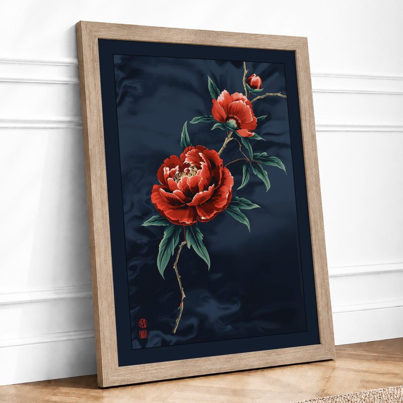 Crimson Peonies Botanical - Framed Print, A2 - 59.4 x 42.0 cm, Oak