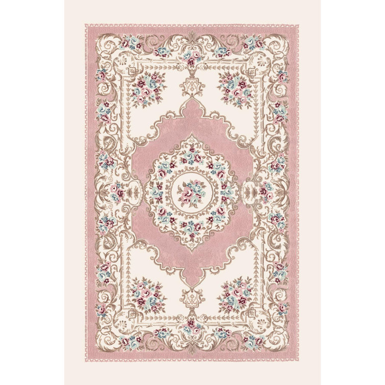 Abdulkerim Oriental Machine Made Power Loom Polyester Area Rug Runner in Light Pink