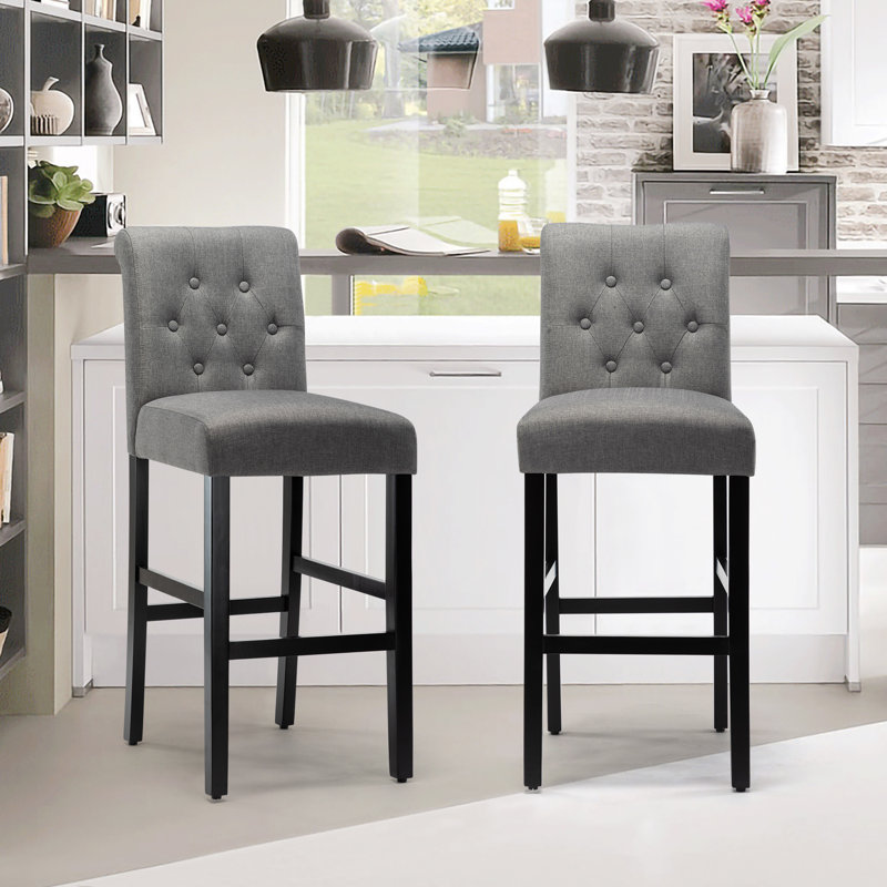 Full Back Bar Height Button Tufting Fabric Upholstered Bar Stools, Gray