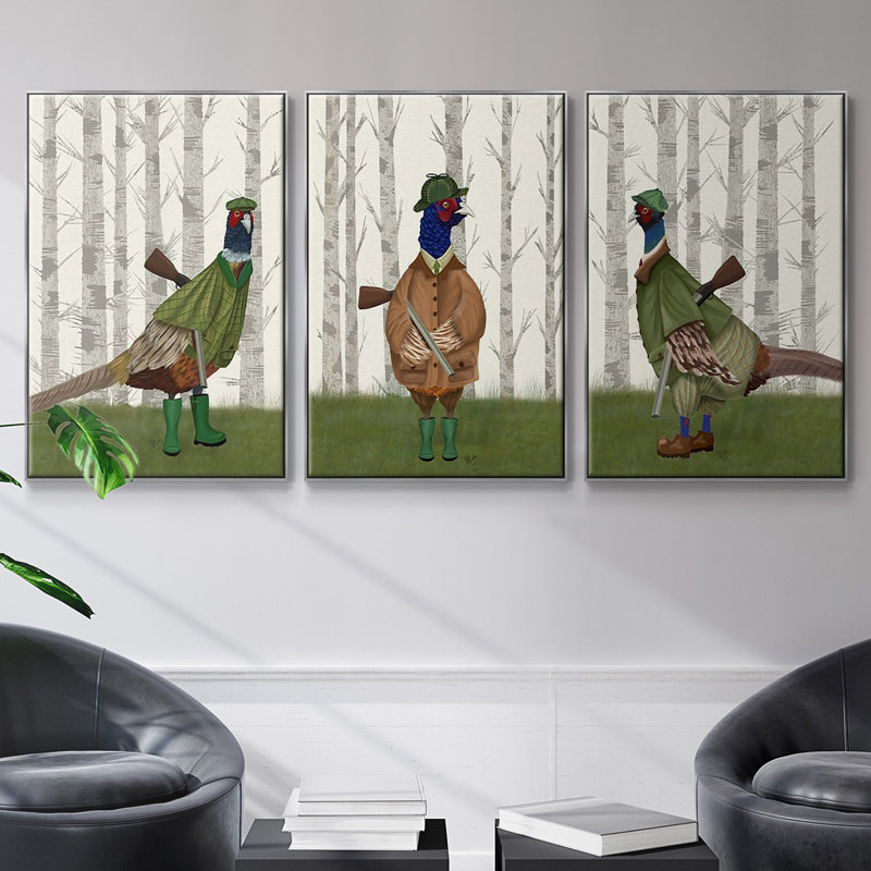 «Pheasant Shooter Party 1», reproduction sur toile 3 pièces, Argent, H 24 po x l 48 po x P 2 po