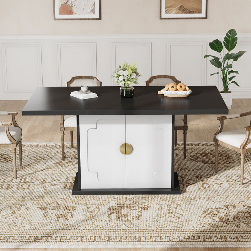 Table de salle à manger 63 "noire pour 4-6, table de cuisine rectangulaire avec base piédestal et tablettes de rangement, 63 x 35,4 x 30 po (table seulement)