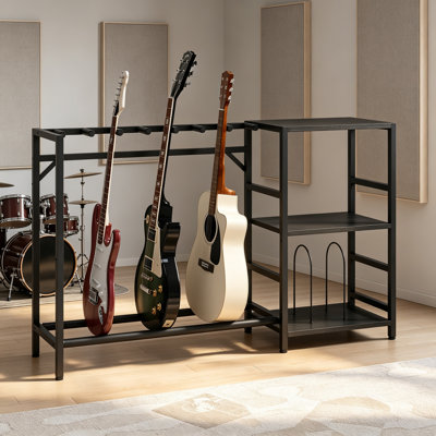 Guitar Stand with Record Player Stand, Guitar Rack for 7 Guitars Bass Acoustic Display for Home Music Studio