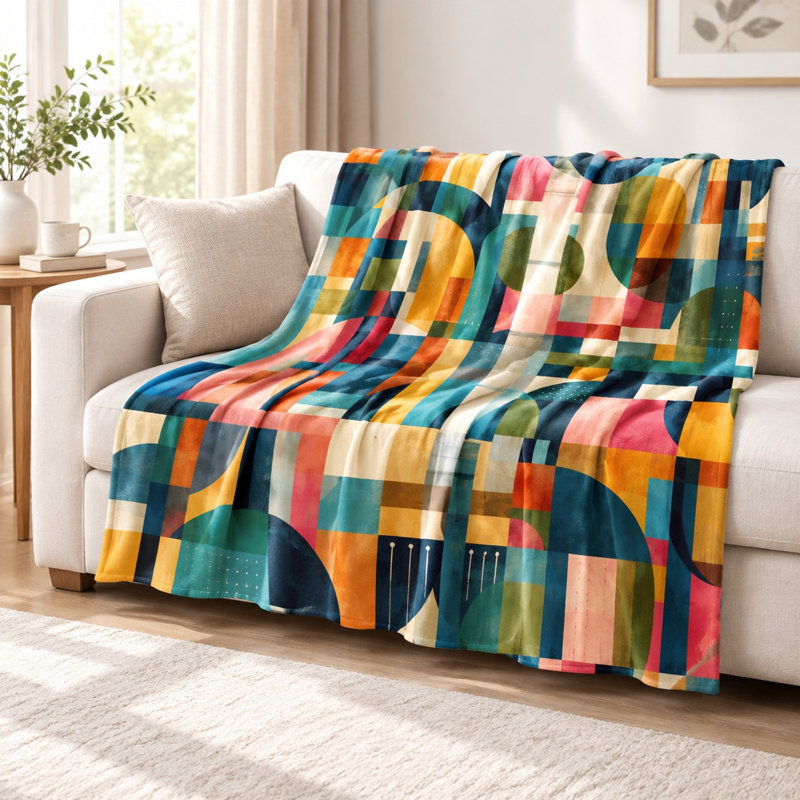 Geometric Abstract Throw Blanket - Vibrant Colorful Shapes, Modern Art Design, Lightweight, Breathable, All-Season, Skin-Friendly, Machine Washable, Decorative, for Sofa, Couch, Living Room and Bedroom