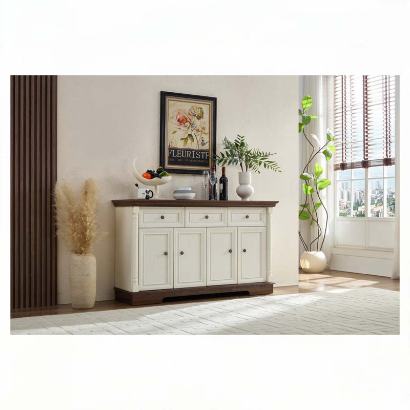 Armoire de rangement Farmhouse avec tiroirs et portes, Blanc / Brun