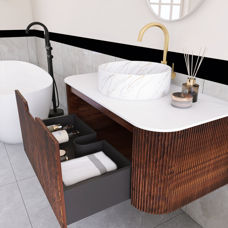 Meuble-lavabo flottant mural 36 po en noyer avec plateau en marbre artificiel blanc, Noyer