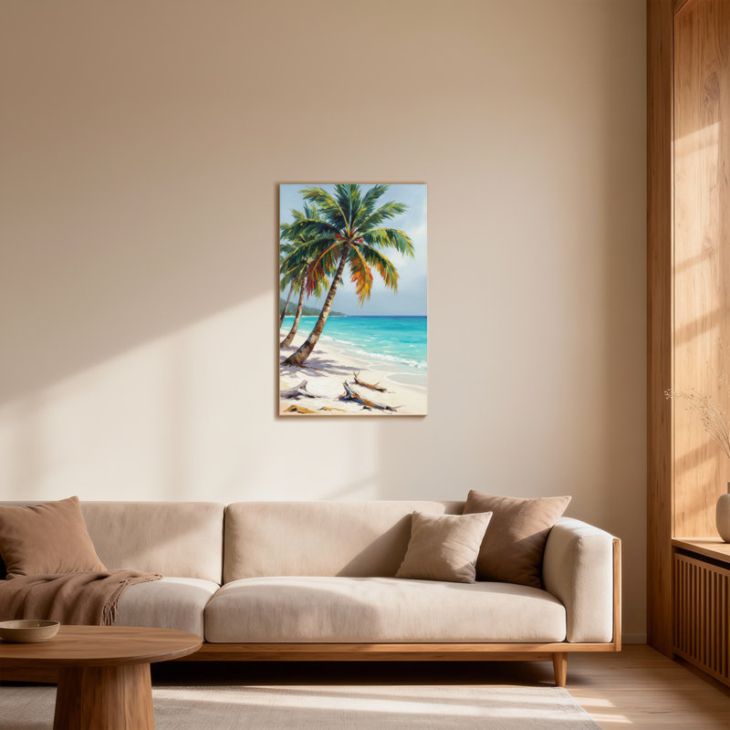 Plantes et fleurs, plage tropicale, palmiers, vue sur l'océan, sable, bois flottant, ciel, H 30 po x l 20 po