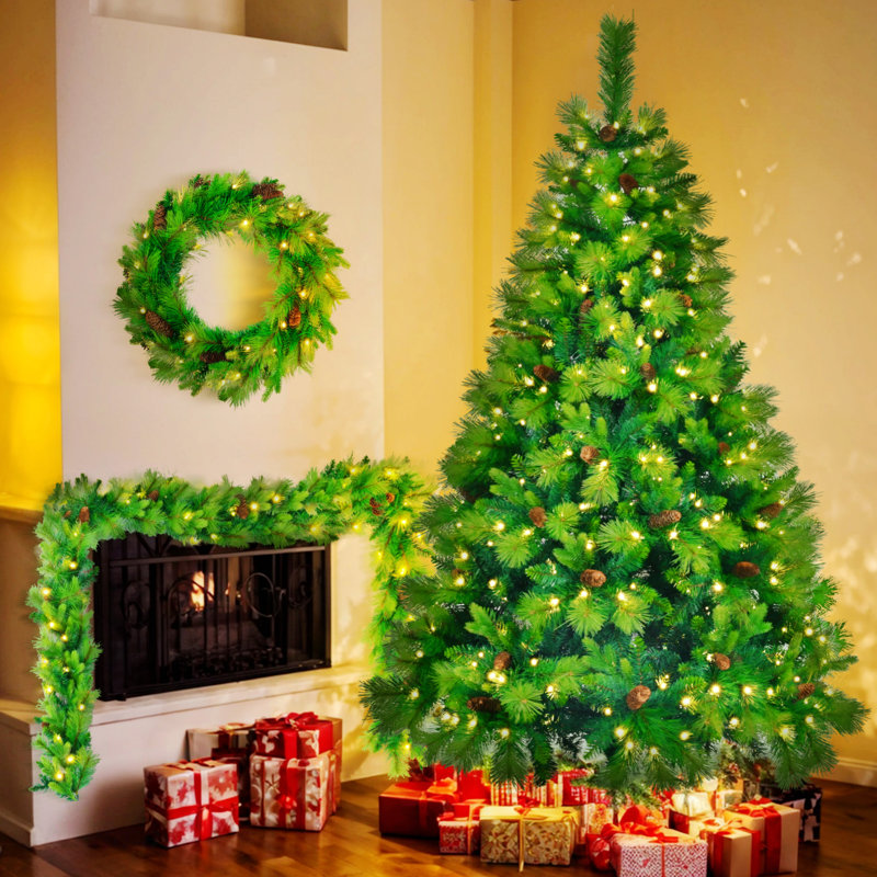 Christmas Tree, Pre-Lit Set With Tree, Garland And Wreath, Artificial Christmas With Pine Cones