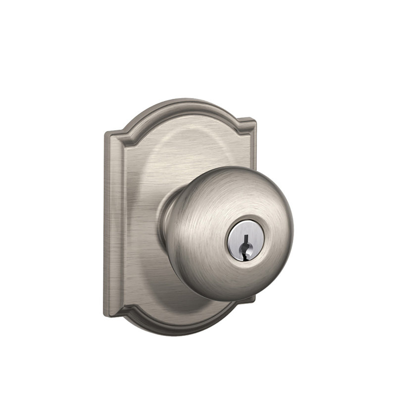 Plymouth Knob with Camelot Trim Keyed Entry Lock, Satin Nickel