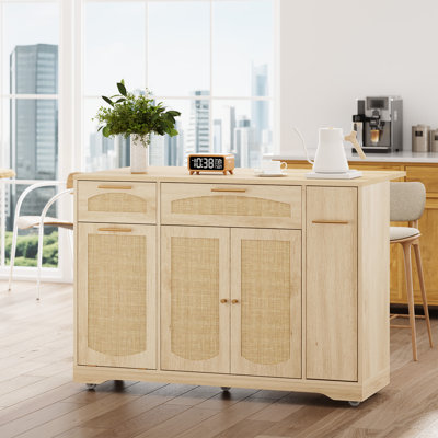 53.1" Kitchen Island on Wheels, Rattan Rolling Kitchen Island Cart with Drop Leaf Breakfast Bar, Tilt Out Trash Can Cabinet