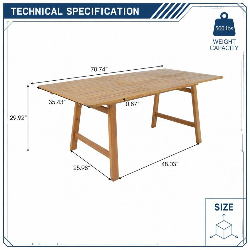 Table de salle à manger extensible en bois d'acacia massif, table de patio rectangulaire à longueur réglable avec plateau à lattes, mobilier d'extérieur résistant aux intempéries