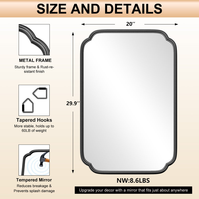 Miroir de salle de bain mural en verre trempé à haute résistance Marleth, Noir, 30 po x 20 po