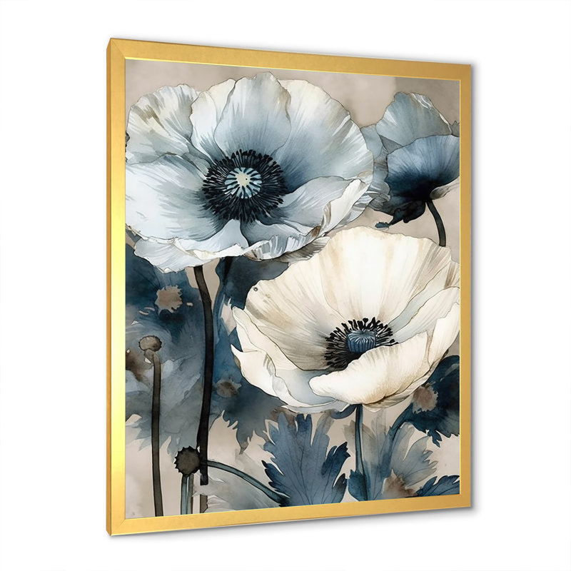 Bouquet de pavot bleu et blanc sérénade, Cadre doré simple, H 40 po x l 30 po x P 1,5 po