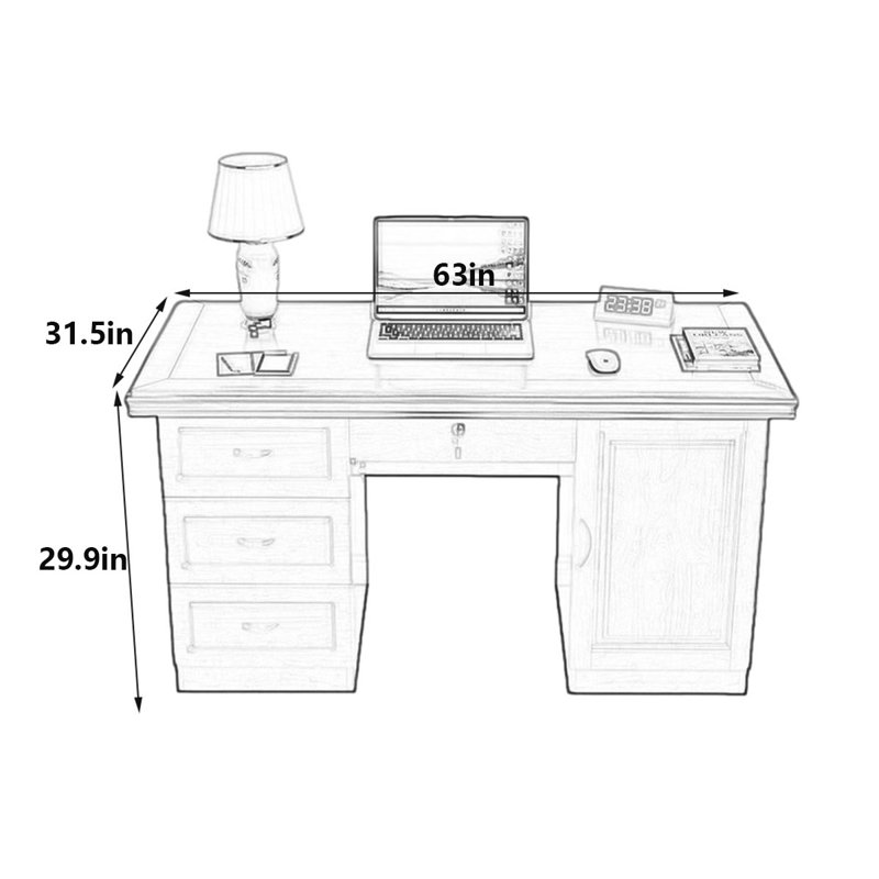 Bureau en bois d'hévéa massif importé, H 29,9 po x l 63 po x P 31,5 po