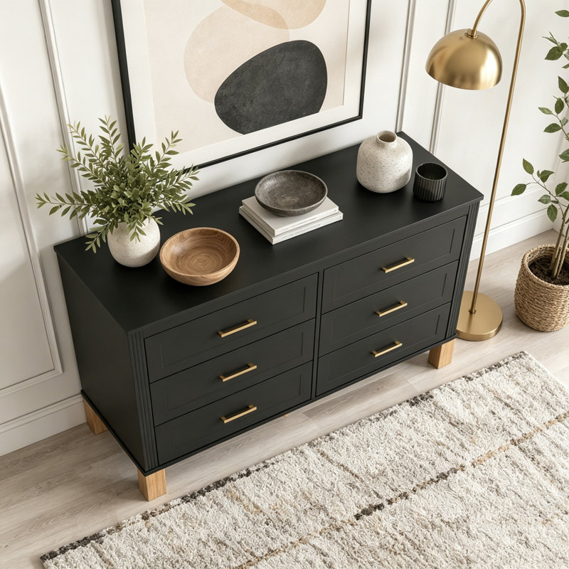 Commode double moderne à 6 tiroirs avec poignées en métal et pieds en bois massif, Black