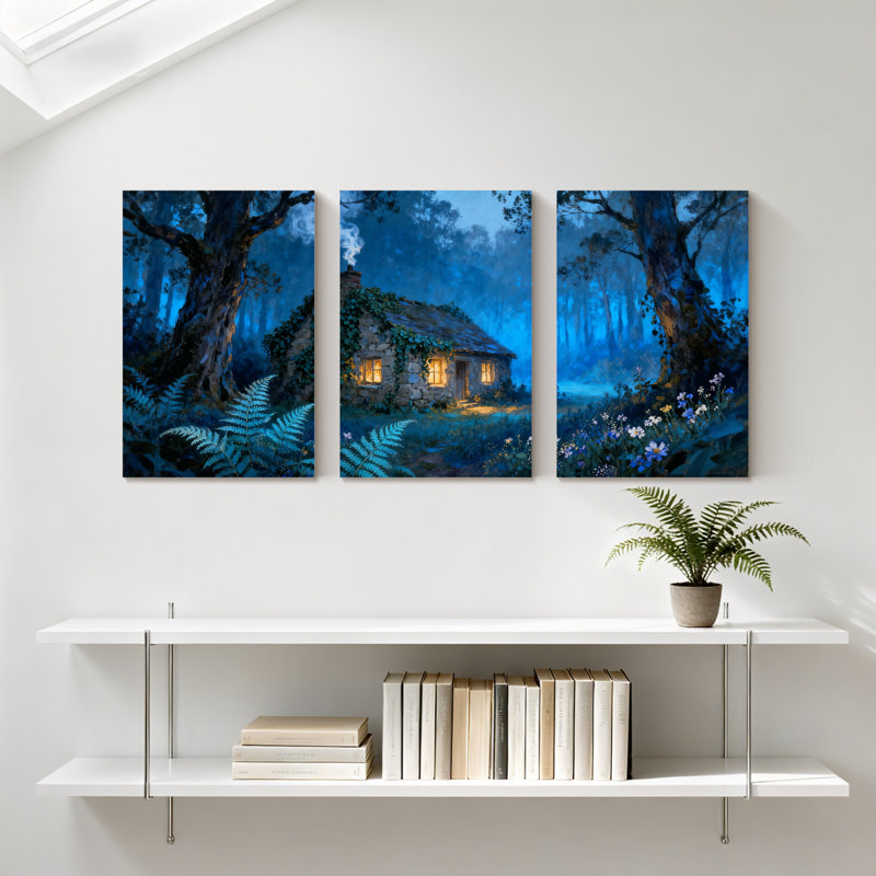 Winter forest Enchanted Forest Cottage Night Scene Illuminated Windows Ferns and Flowers, H 30 po x l 60 po