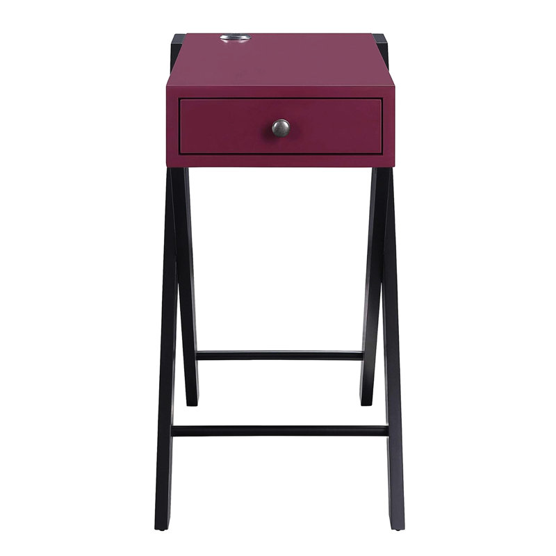 Table d'appoint rectangulaire avec station d'alimentation, finition noire et bourgogne, tiroir simple pour accessoires, base ouverte, joint Kd, matériau, poignée de charge d'accent 24 po de hauteur, conception des pieds, assemblage,